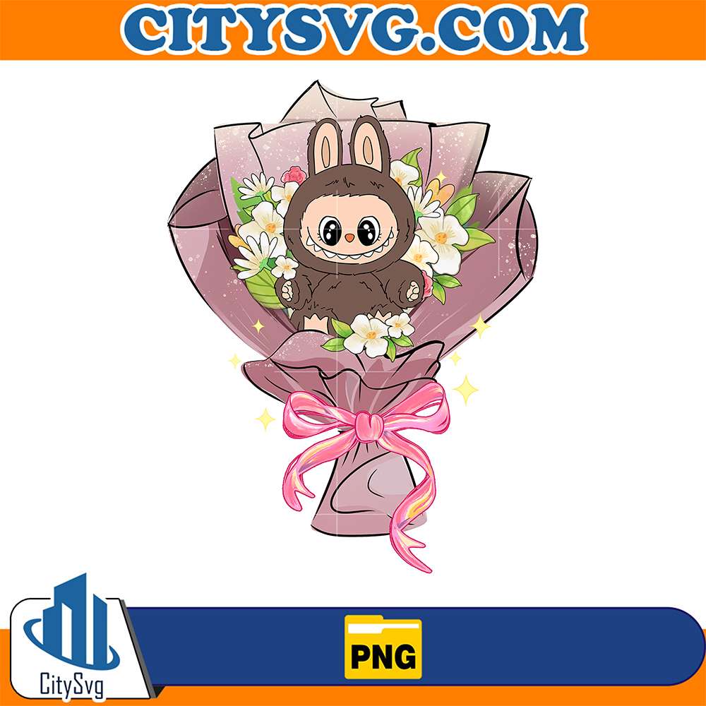 Labubu-Brown-Bunny-Bouquet-Kawaii-Floral-Png
