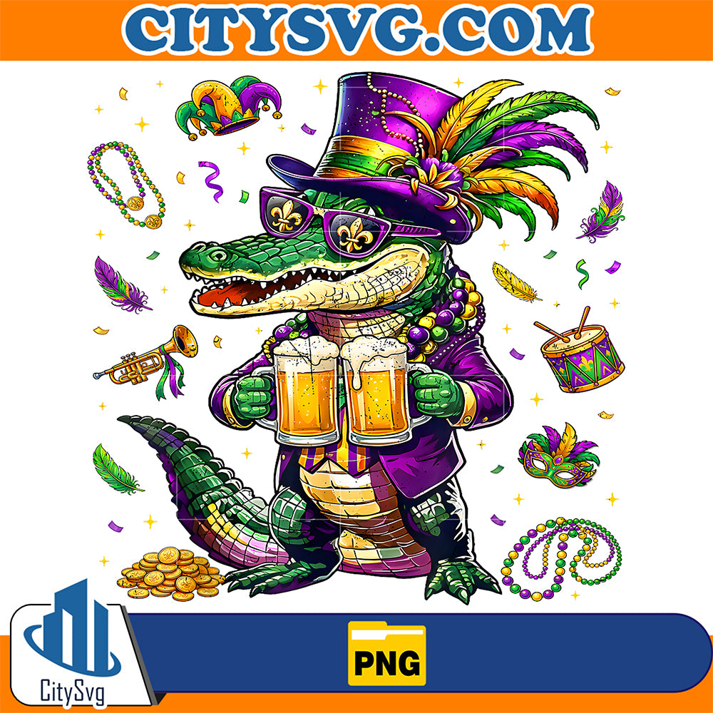 Mardi-Gras-Malligator-Drinking-Beer-Png