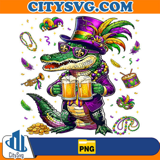 Mardi-Gras-Malligator-Drinking-Beer-Png