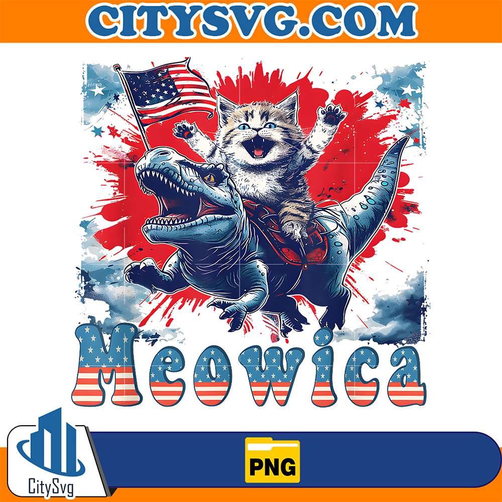 Meowica-Cat-Riding-A-Dinosaur-4th-Of-July-Png