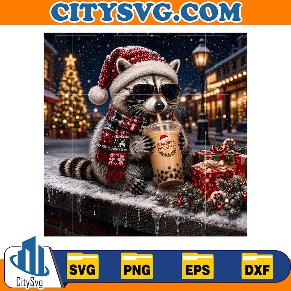 Merry-Christmas-Cute-Raccoon-Drinking-Iced-Coffee-Holiday-Svg