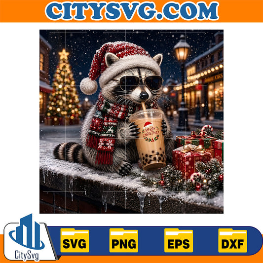 Merry-Christmas-Cute-Raccoon-Drinking-Iced-Coffee-Holiday-Svg