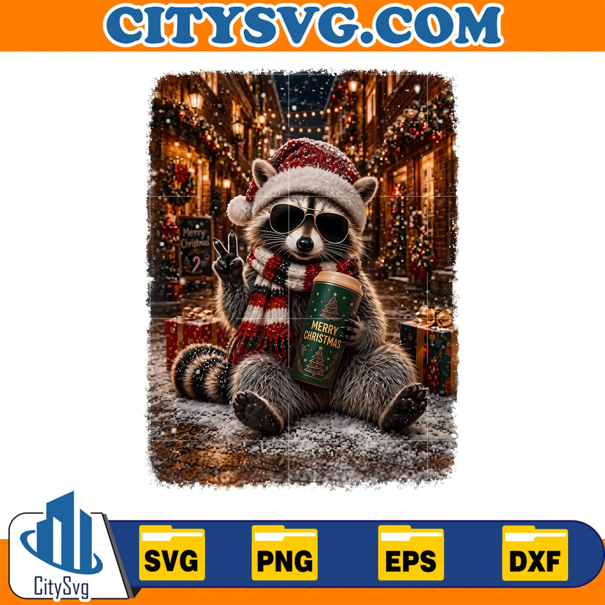 Merry-Christmas-Raccoon-Cute-Raccoon-Drinking-Iced-Coffee-Svg