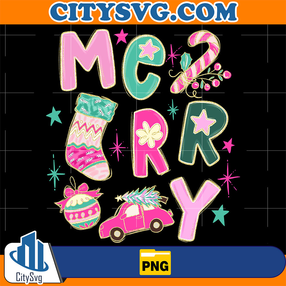 Merry-christmas-Pink-blue-Preppy-Png