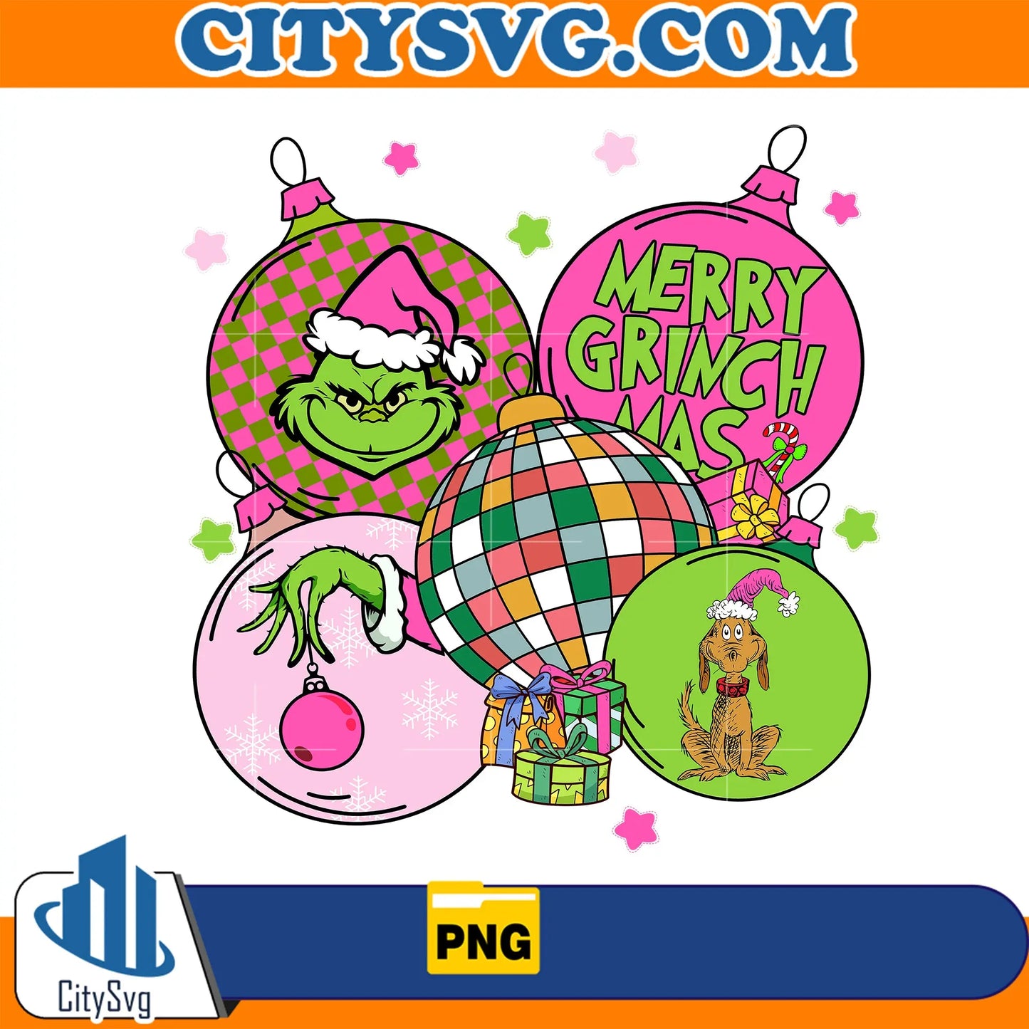 MerryGrinchmasDiscoBallsGrinchPinkChristmasPng