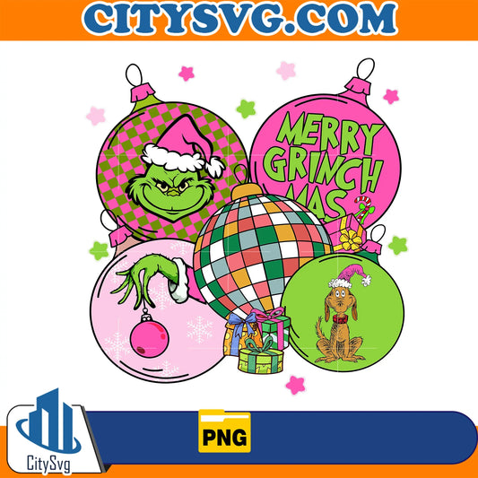 MerryGrinchmasDiscoBallsGrinchPinkChristmasPng