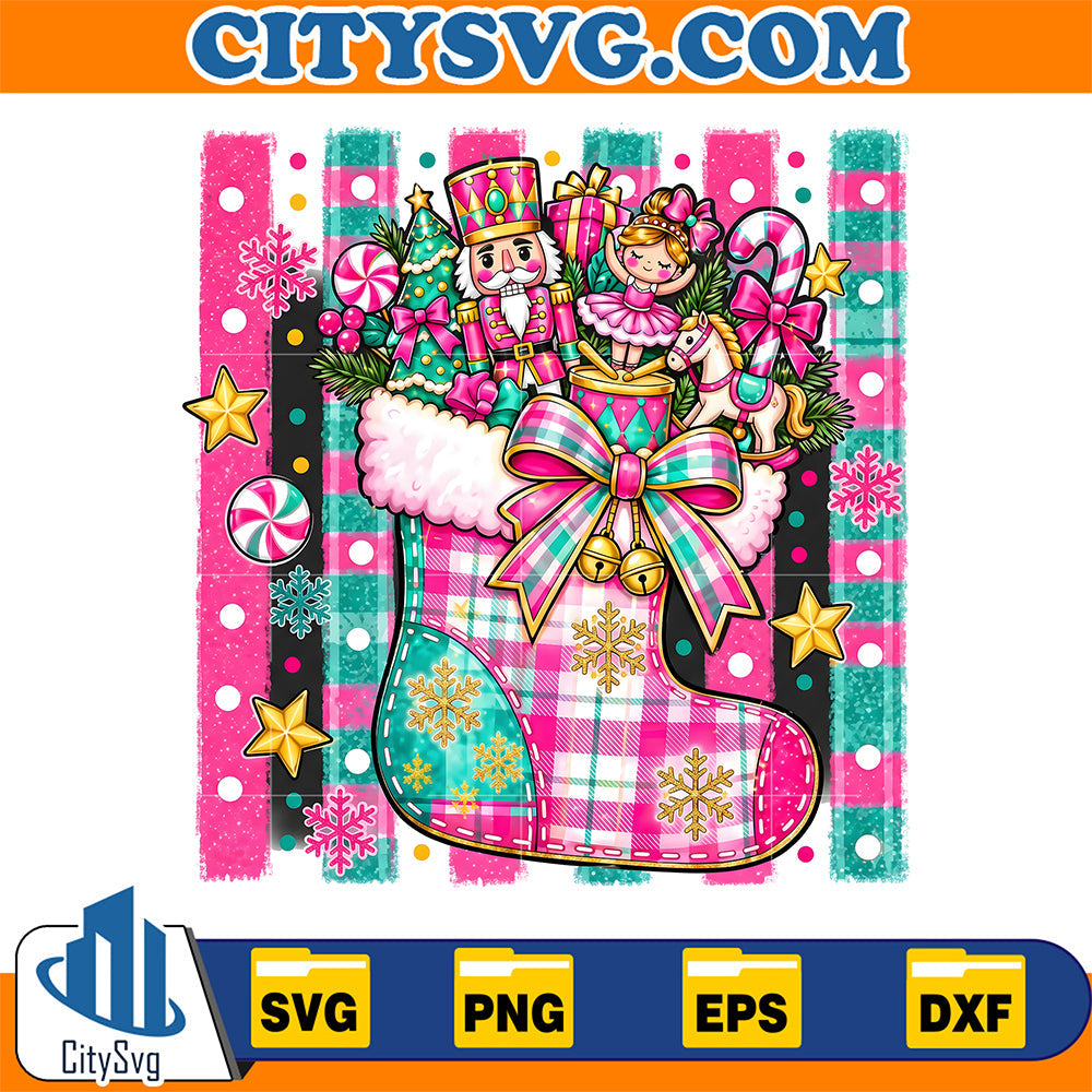 Nutcracker-Christmas-Stocking-Ballerina-Pink-Plaid-Holiday-Svg