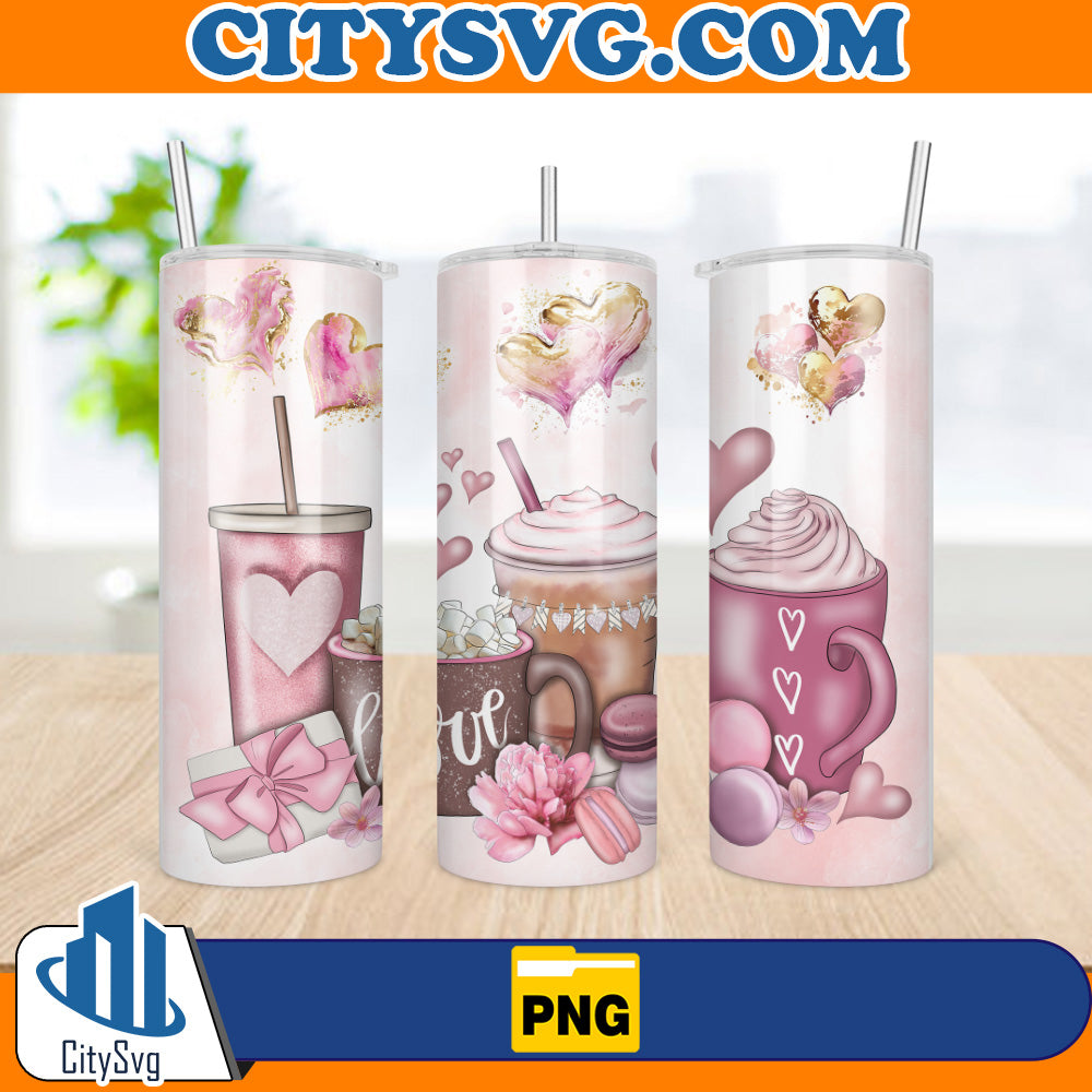 PinkValentine_sDayLoveLatteCupsCoffeeSublimation20ozSkinnyTumblerWrapPng