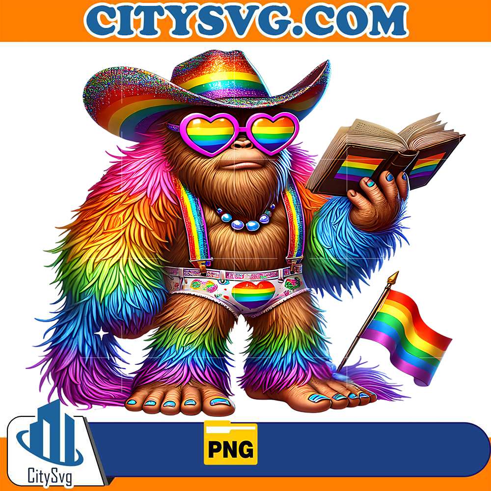 Rainbow-Pride-Bigfoot-Reading-Book-With-Heart-Glasses-Png