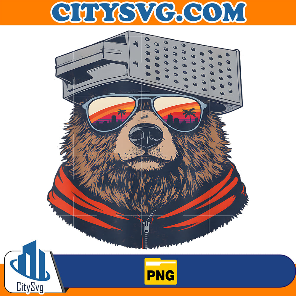 Retro-Bear-with-Cheese-Grater-Hatand-Sunglasses-Sunset-Art-Png