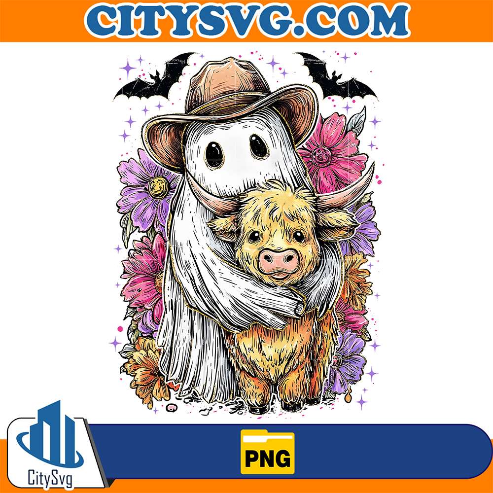 Retro Cute Ghost And Highland Cow Png CitySvg