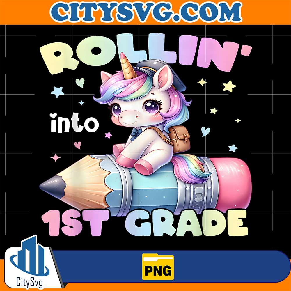 Rolling-Into-1st-Grade-Cute-Unicorn-Back-To-School-Kids-Girl-Png
