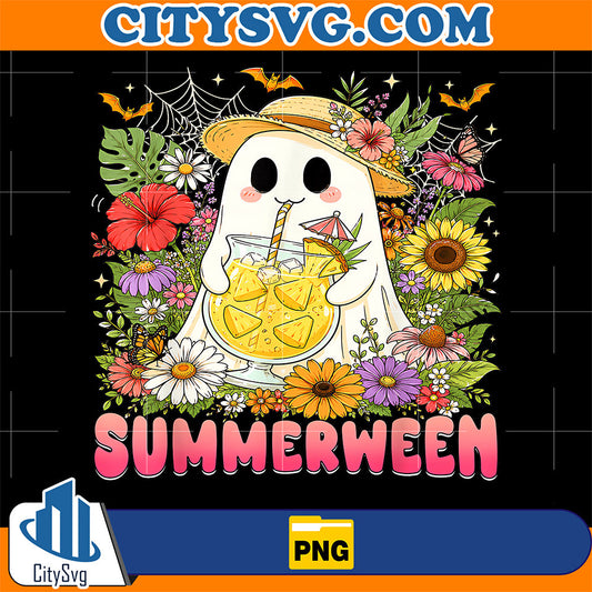 Summerween-Ghost-Halloween-Summer-Floral-Girl-Png