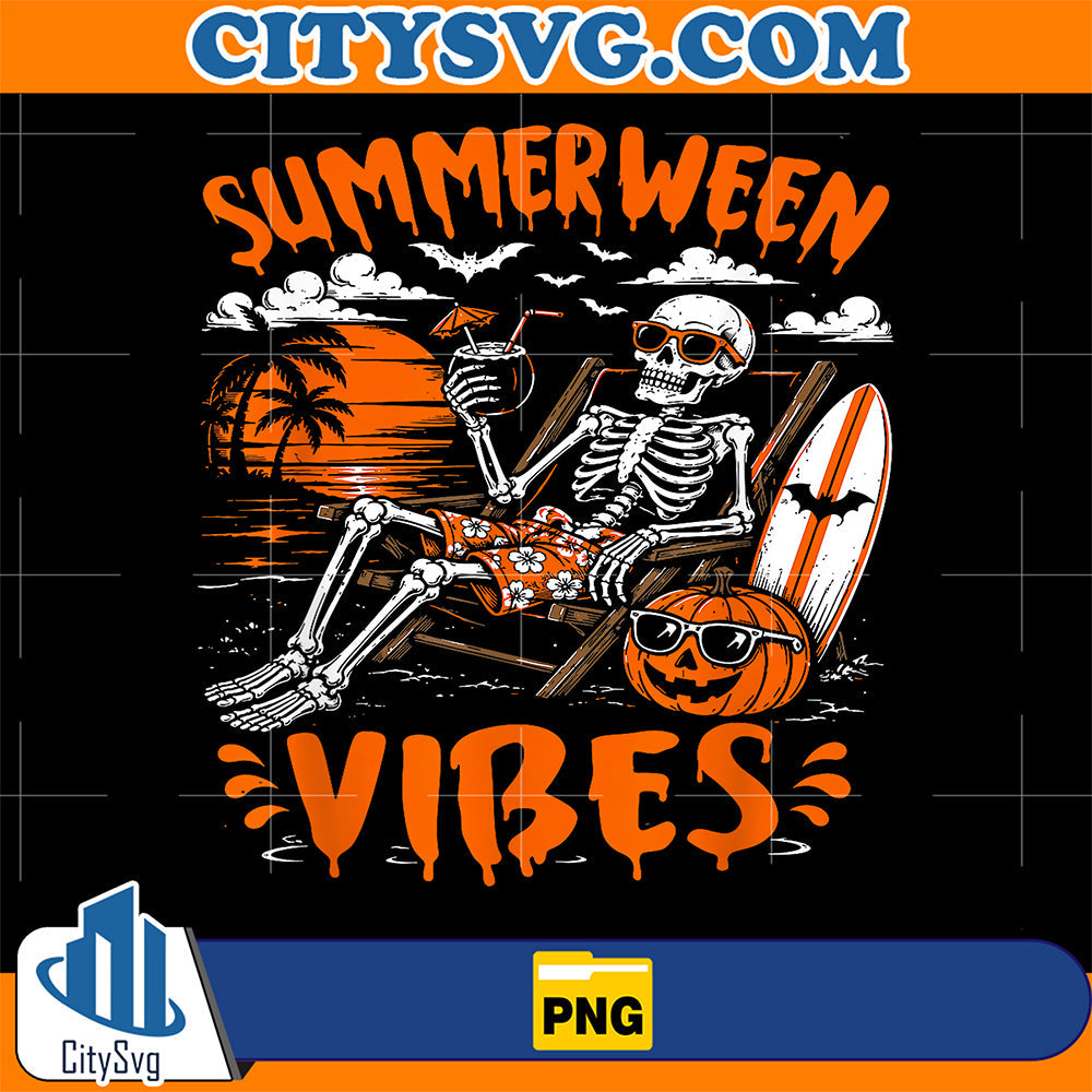 Summerween-Vibes-Skeleton-Relaxing-Beach-Pumpkin-Halloween-Png