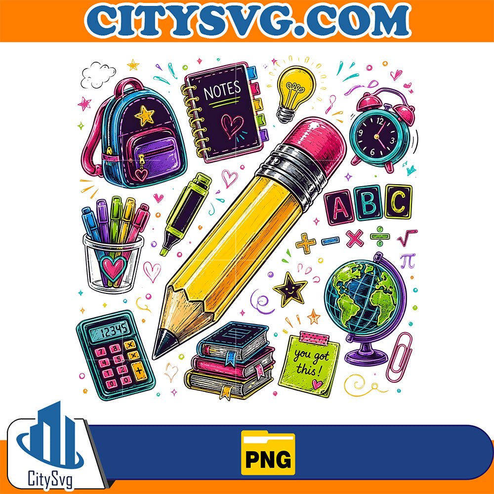Teacher-Pencil-Colorful-School-Supplies-Doodle-Png