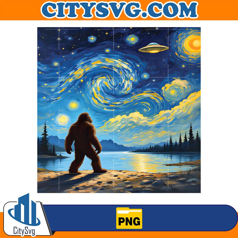 Van-Gogh-Style-Bigfoot-Gazing-At-UFO-Starry-Night-Mystery-Png