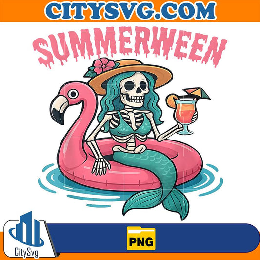 summerween-mermaid-skeleton-beach-flamingo-halloween-girl-png